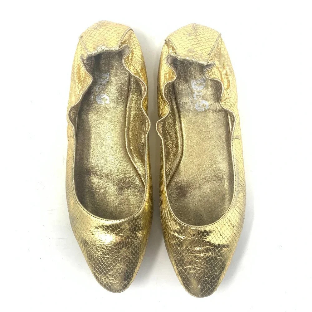 Dolce & Gabbana Gold Metallic Snakeskin Flats - Picture 2 of 10